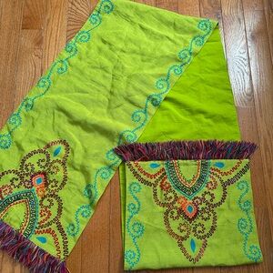 pine cone hill linen emboridery napkins And Runner Green Size 16”W And 84”L